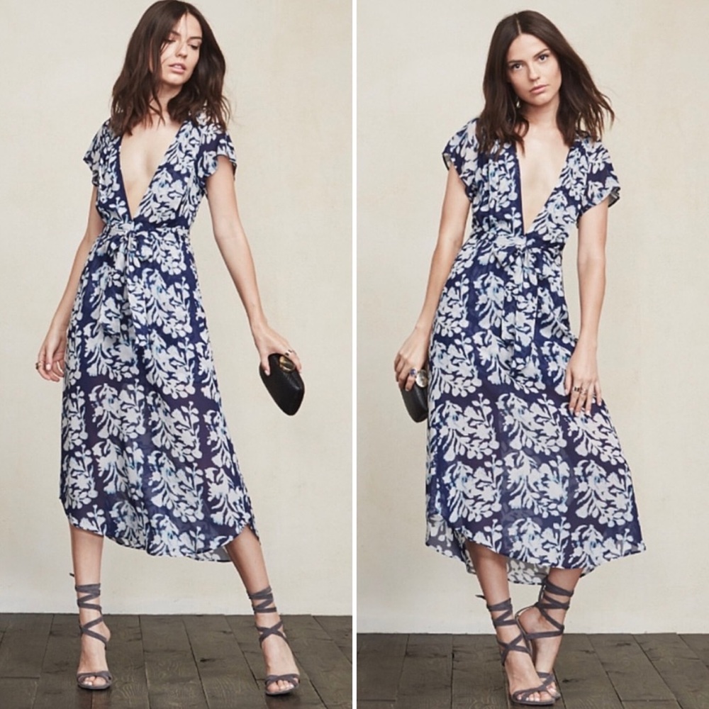 REFORMATION Dress Thalia Blue Pattern Sheer Midi 4